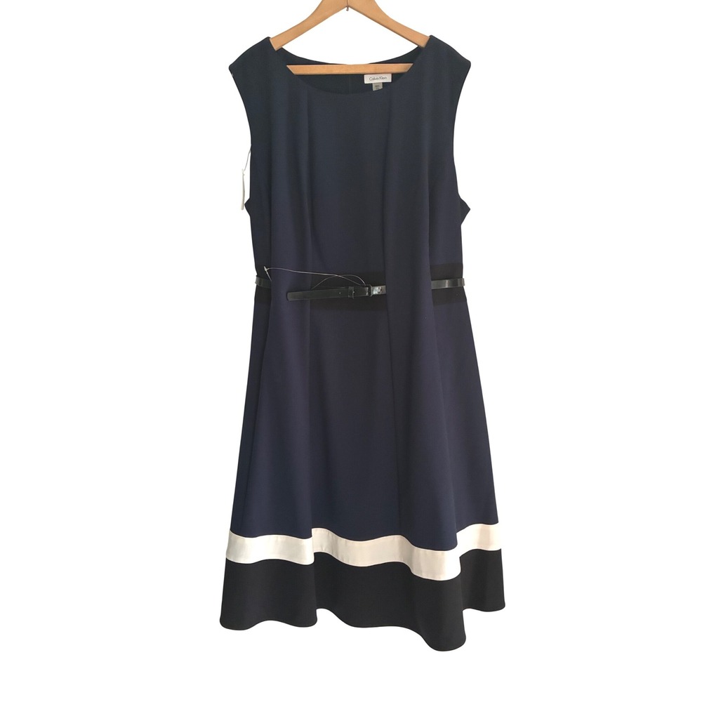 NWTS Calvin Klein Navy Blue Colorblock Belted Fit & Flare Dress 22W Professional